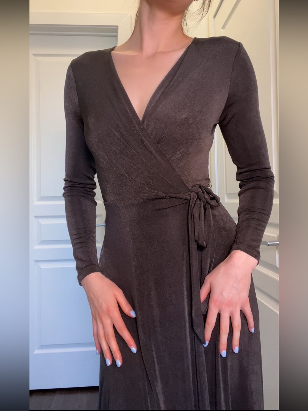 Astr Long Sleeve Wrap Dress in Charcoal